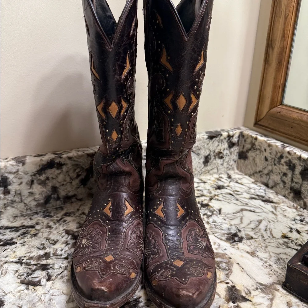 Lucchese Brown and Tan Heeled Boots - Picture 2 of 10